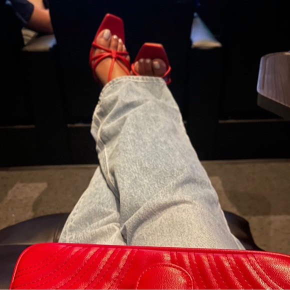 Red Squared Toe Lace-Up Heels - Picture 3 of 4